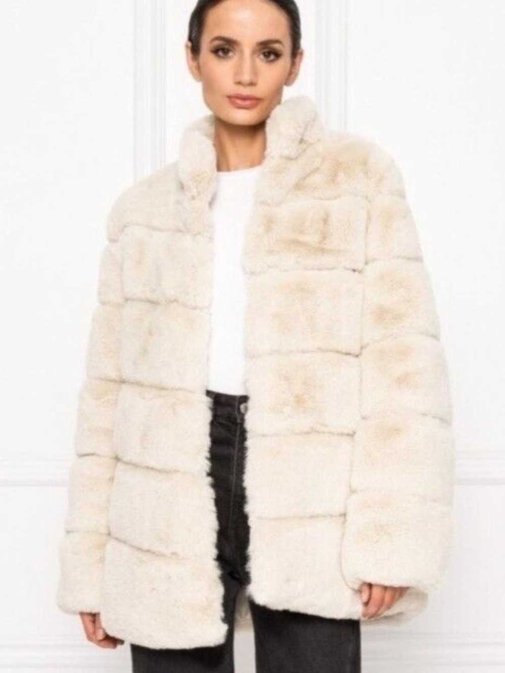 Lamarque Plush Faux Fur Panel Jacket Coat - Cream-